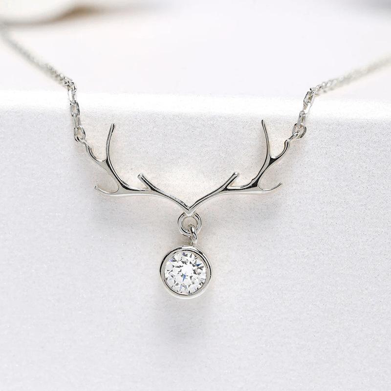 Christmas Inlaid Zircon Necklace Women, Antlers Elk Pendant Jewelry, Lady Style Cute Holiday Jewelry