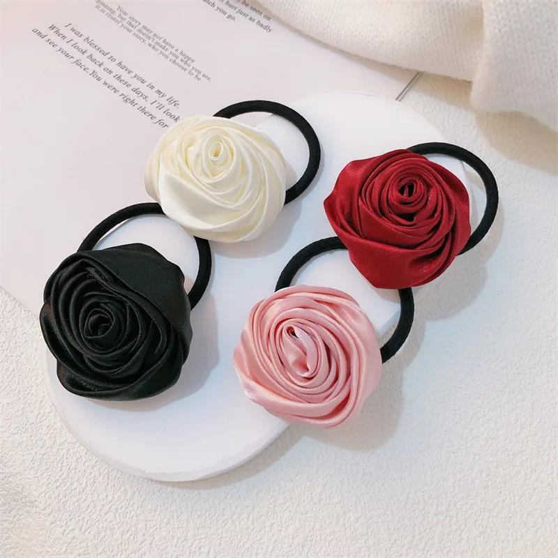 French Satin Rose Flower Scrunchies Hair Tie for Women Girls Korean Sweet Floral Ponytail Elastic Hair Band Head Rope Headdress