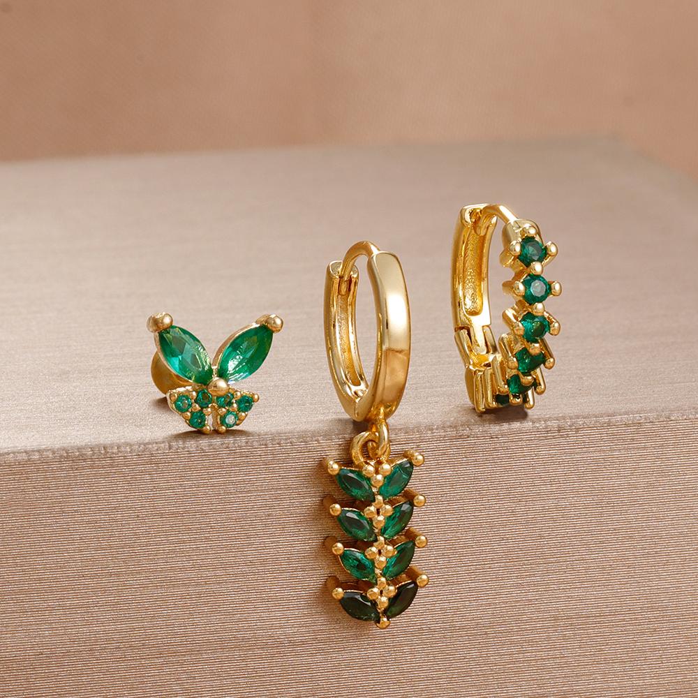 3PCS Exquisite Green CZ Zircon Water Drop Gold Color Earrings Set for Women Dainty Stackable Piercing Earring Luxury Jewelry