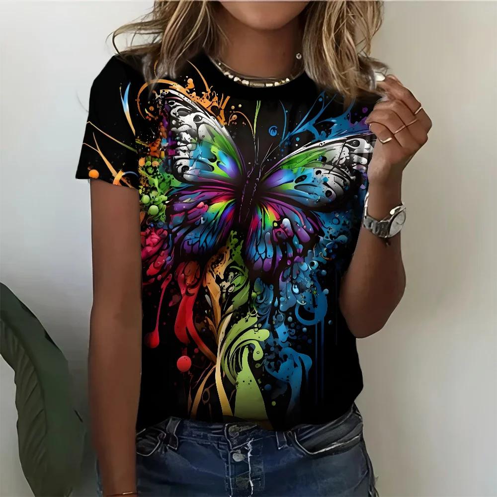 Summer Round Neck 3D Colorful Art Butterfly Pattern Print Top Fashionable Casual Short Sleeved Women's T-shirts