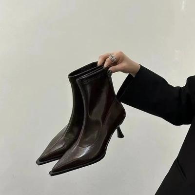 High Heeled Booties Fall/Winter 2025 New Versatile Pointed Toe Patent Leather Vintage Skinny Boots Stiletto Heel Brown Booties