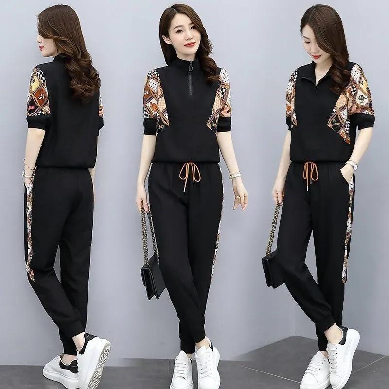 Women's Summer Tracksuit Pencil Pant Casual Cropped Top + Pants Two-Piece Set
