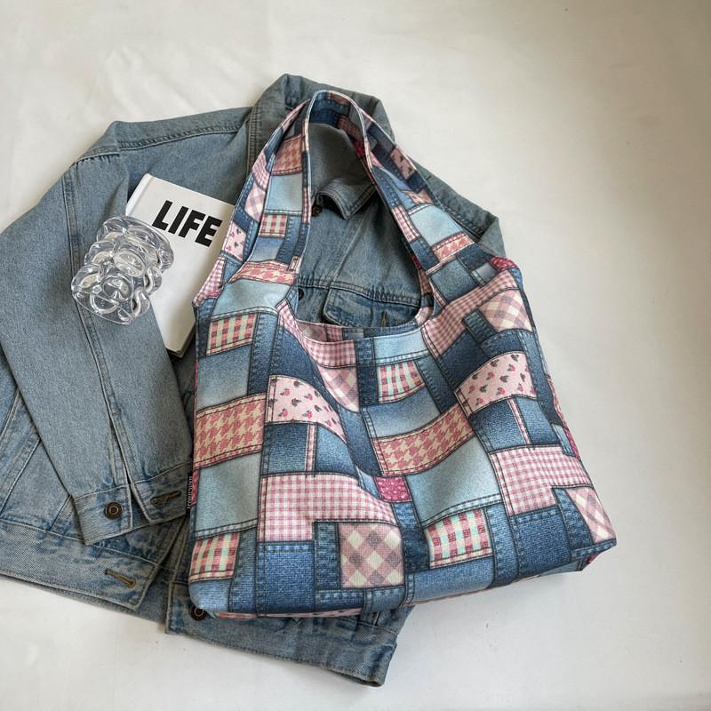 Large Checkered Canvas Tote Bag With Retro White Brown And Plaid Pink Design Street Style Chic