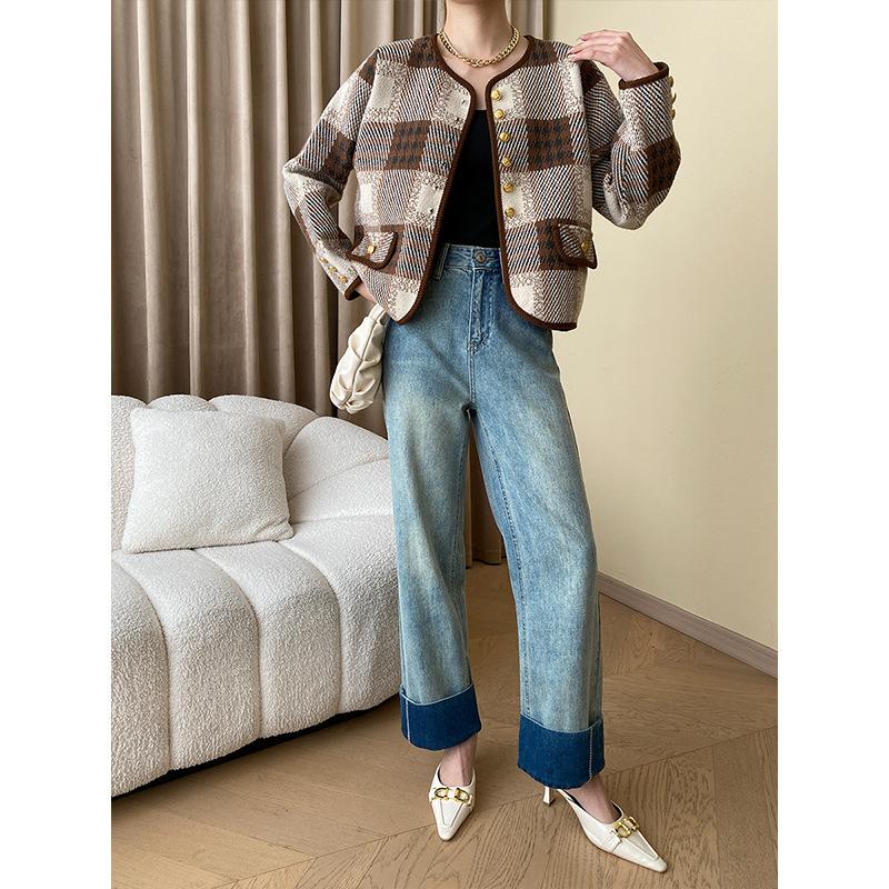 Colorblocked Rolled Hem Stitching Design Wide Leg Jeans Early Spring