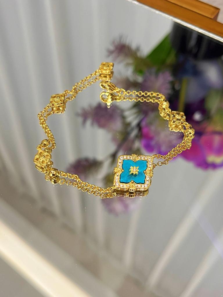 Italienisches Gebürstetes Wasserwellen Blaues Halsketten Armband Set Vielseitige Retro Hof Vierblättriges Kleeblatt Ohrringe