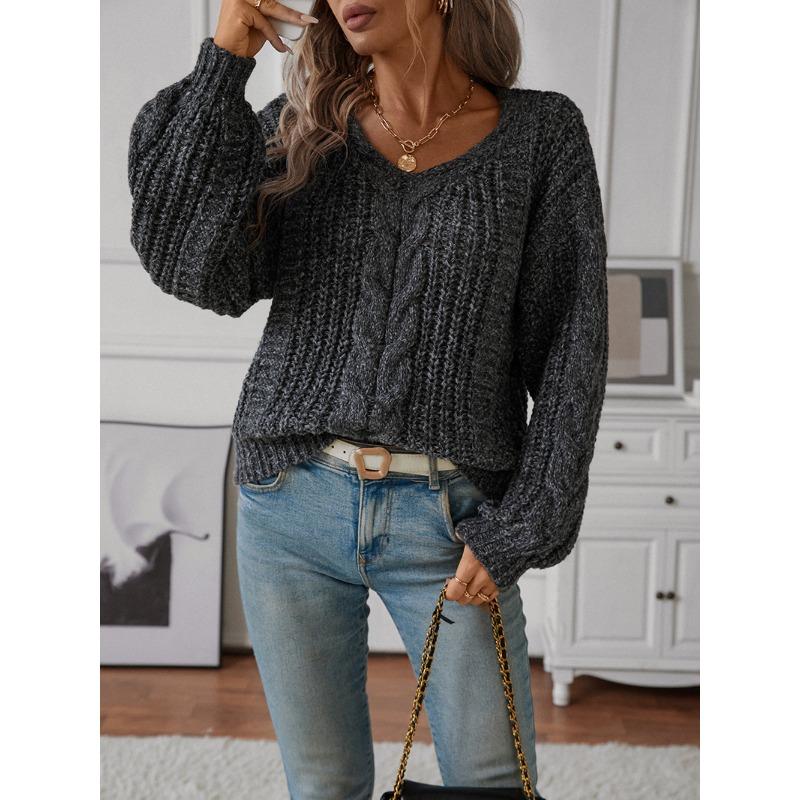 Women S Loose V Neck Long Sleeve Solid Color Knit Pullover Sweater