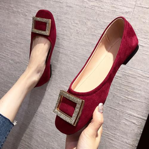 Fashion Square Toe Flat Women's Shoes Spring Autumn New Shallow Rhinestones Black Versatile Red Soft Soled Large Size Shoes for Women