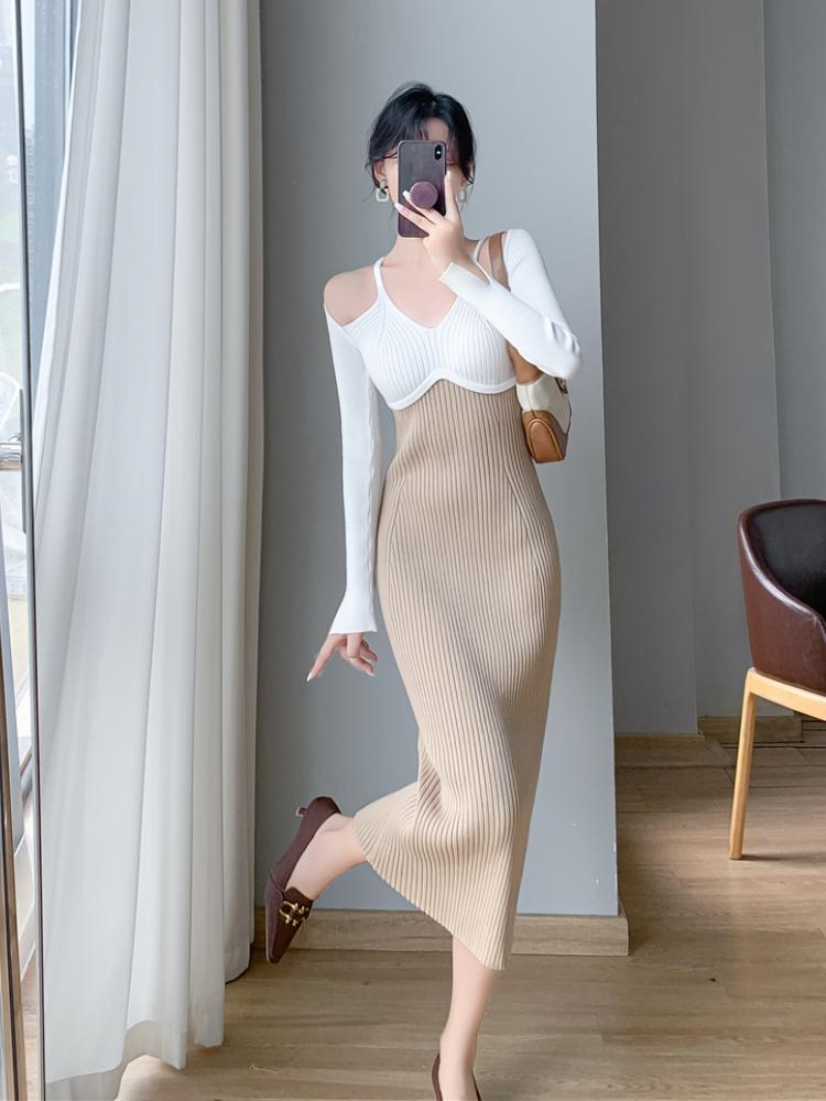 Французское винтажное хип-хоп трикотажное длинное платье женское осенне-зимнее элегантное — фото 9