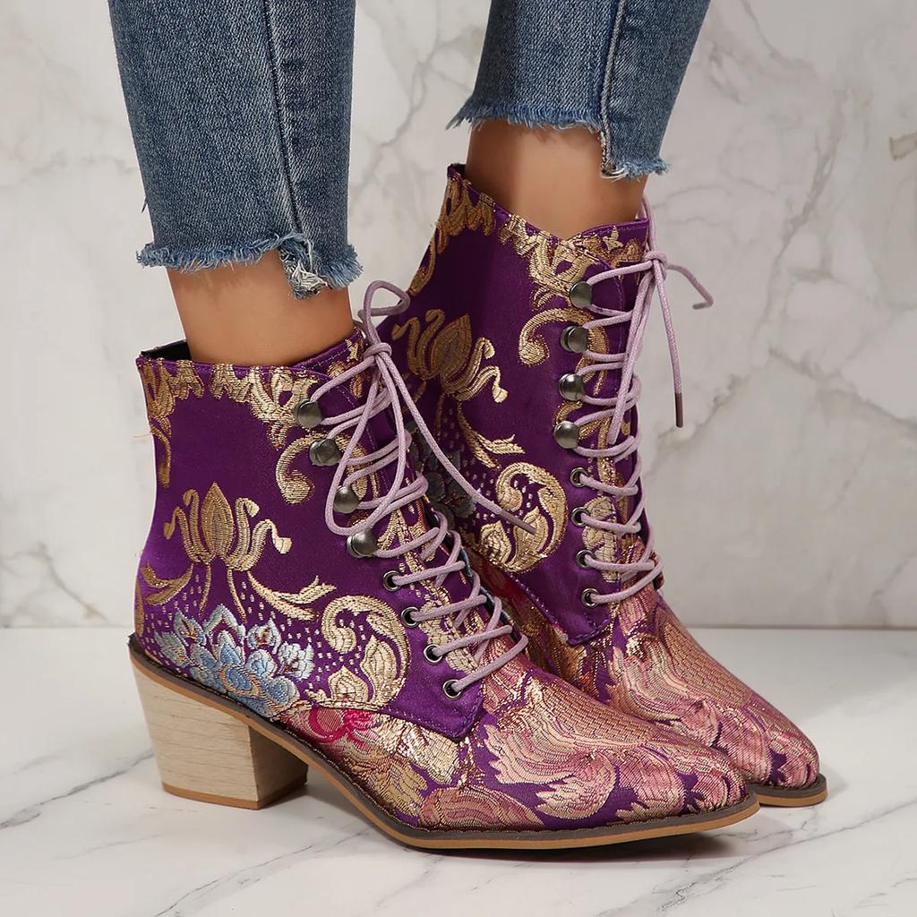Large Size Embroidered Ethnic Style Pointed Toe Short Boots Women's Shoes Fashionable High Heel Buckle Strap Ankle Boots