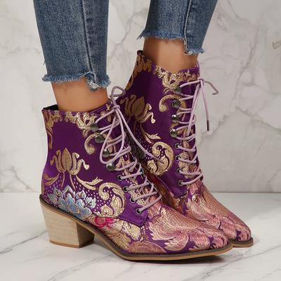 Large Size Embroidered Ethnic Style Pointed Toe Short Boots Women's Shoes Fashionable High Heel Buckle Strap Ankle Boots