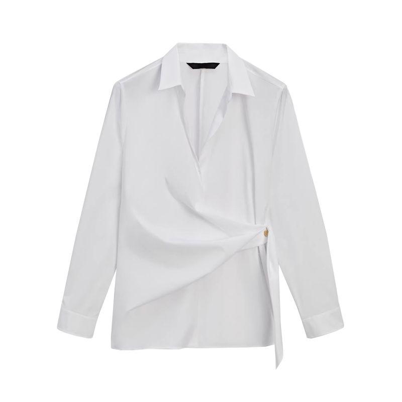 MD Spring New Arrival Women's Minimalist Style Stylish Cross Bow Tie Cotton Blend White V-neck Shirt 5150503