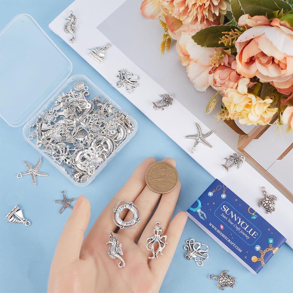 SUNNYCLUE 90PCS 15 STYLES Silver Ocean Charms Bulk Sea Life Charm Metal Alloy Summer Marine Hawaii Holiday Turtle Shell Animal Charms for Jewelry