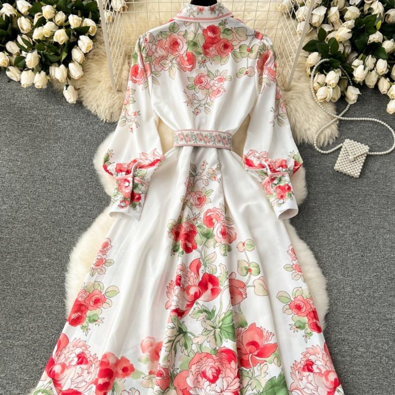 Jednořadé košilové šaty pro ženy Jaro Podzim Potisk Vintage Móda Elegantní Palácový Styl Dlouhé Šaty