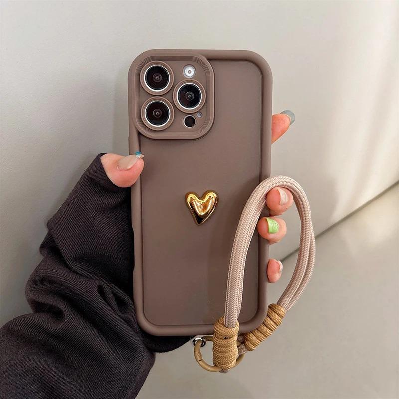 iPhone 17 Case with Lanyard for 16 Pro Max, Heart-Shaped Gold Electroplated Silicone, Frosted Finish