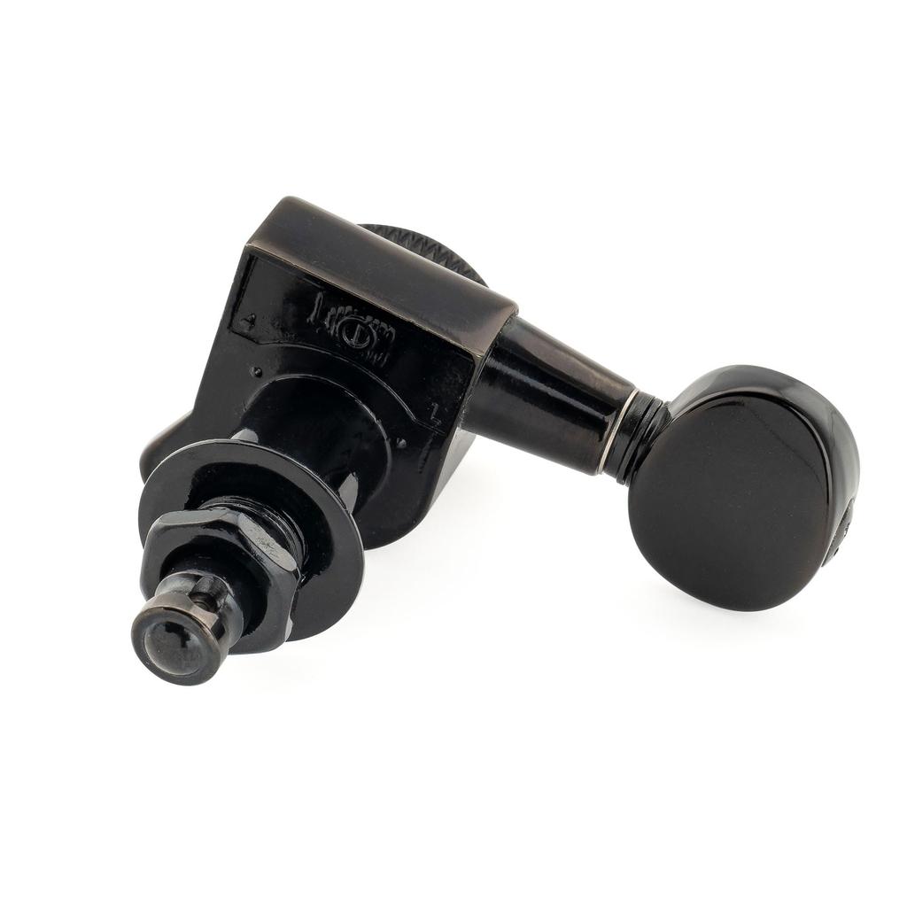 Musiclily Pro Locking Gear Vintage Oval for Stratocaster and Telecaster Electric Black Left-Handed 6-In-Line Tuners, 181 Ratio, Buttons, 45-Degree