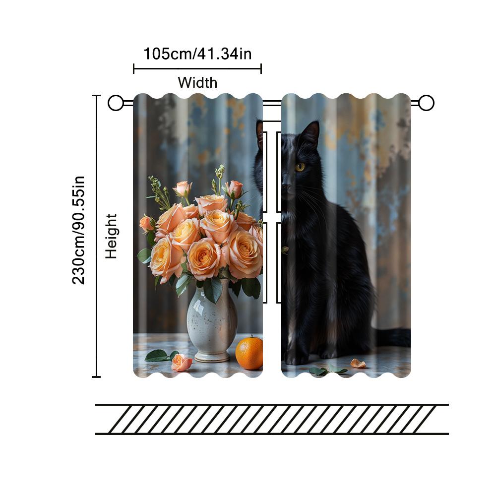 2 Pcs, Filtering Curtains (excluding Rods, Non-movable, Without Batteries) Black Cat with Floral Bouquet for Use In Bedrooms and