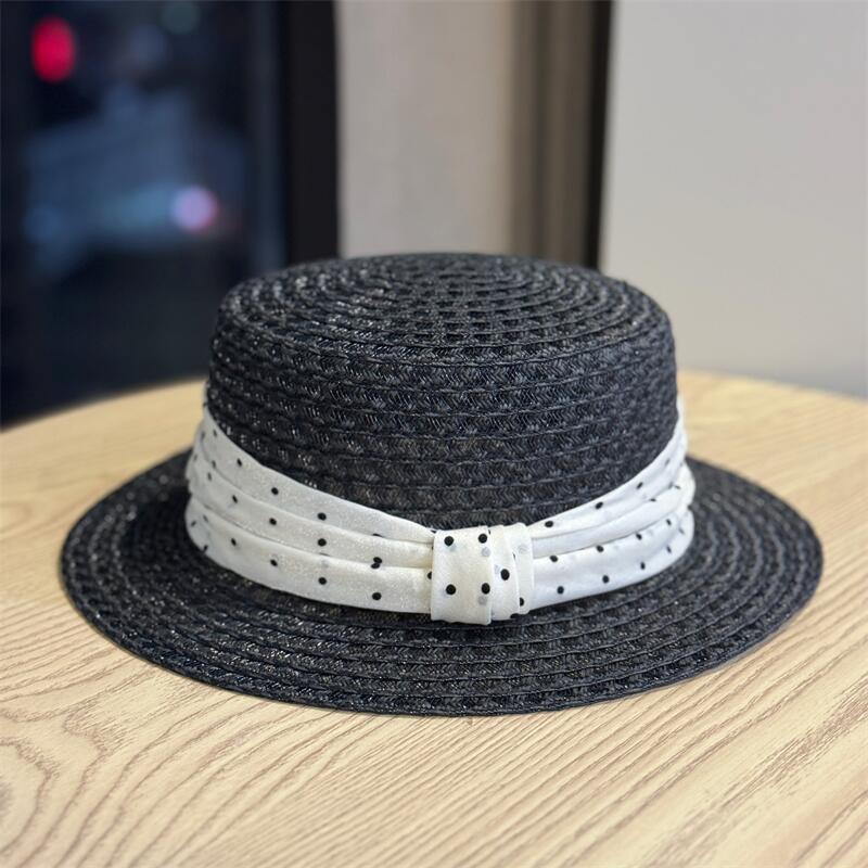 Temperament Polka Dot Flat Top Straw Hat Women's Summer Seaside Big Eaves Sunscreen Sun Hat Advanced Straw Hat