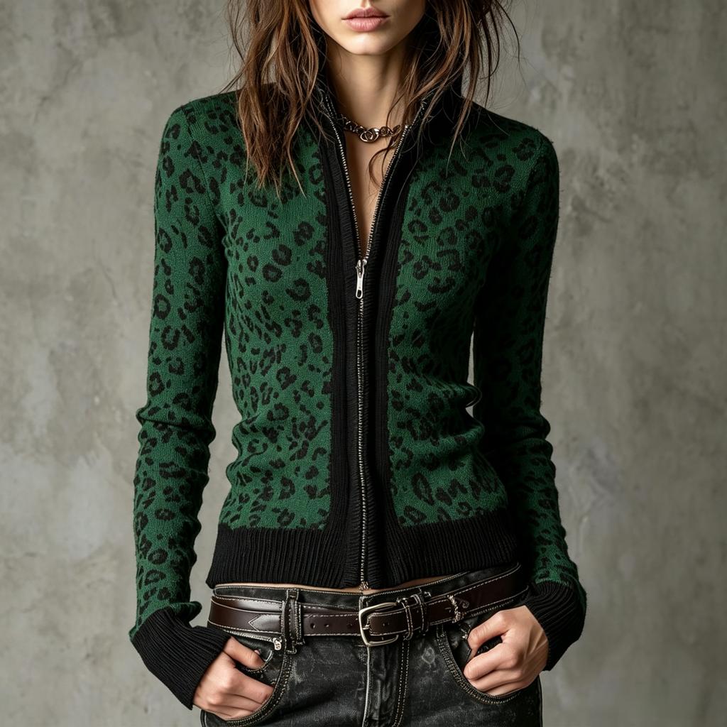 Women's Retro Leopard Print Zip Up Slim Fit Cardigan – Vintage Fashion Knit Cardigan