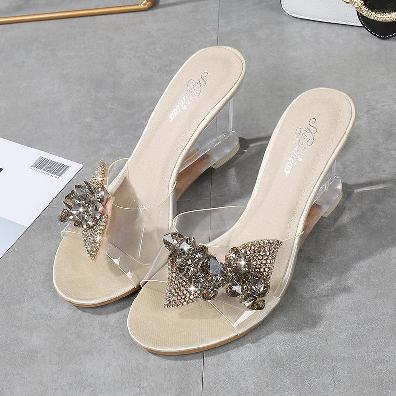 Newest High Heel Women'S Wild Summer Women'S Shoes Word Buckle Simple Wedge Sandals Transparent Bow-Knot Slippersdf4
