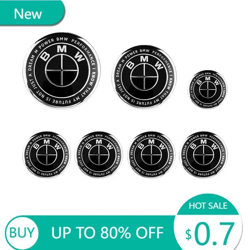 New 7Pcs Front Hood Emblem For BMW 50th Anniversary Logo 82mm+Rear Badge 74mm+Wheel Hub Cap 68mm+Steering Wheel Sticker 45m