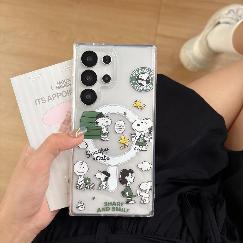 Cute Cartoon coffee Snoopy Magsafe Wireless Charge Folding Case For Samsung S22 S23 S22 S24 S25 Ultra Snoopy Magnetic Holder