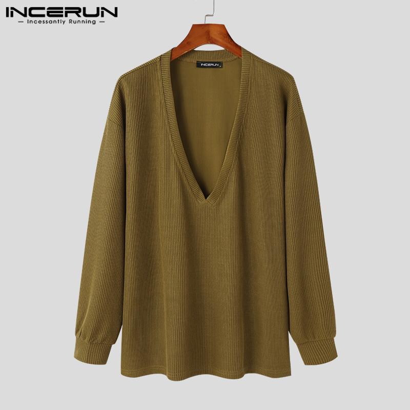 INCERUN Autumn Men V Neck Long Sleeve Knitted Rib Pullovers Casual Loose Jumper Tops