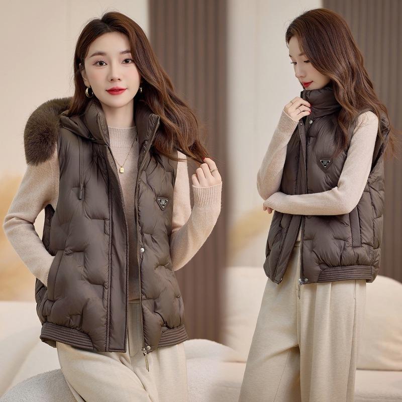Hooded large fur collar cotton vest removable hat autumn and winter down cotton vest fashion thermal vest jacket batch