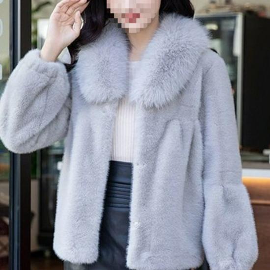 Women's Fashion Faux Mink Fur Coat with Large Collar and Velvet Detailing