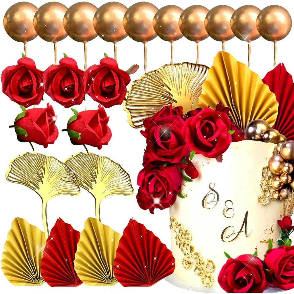 21 PCS Red Rose Cake Decoration Queen Birthday Cake Decoration Ginkgo Palm Leaves Cake Decoration for Wedding Birthday Party