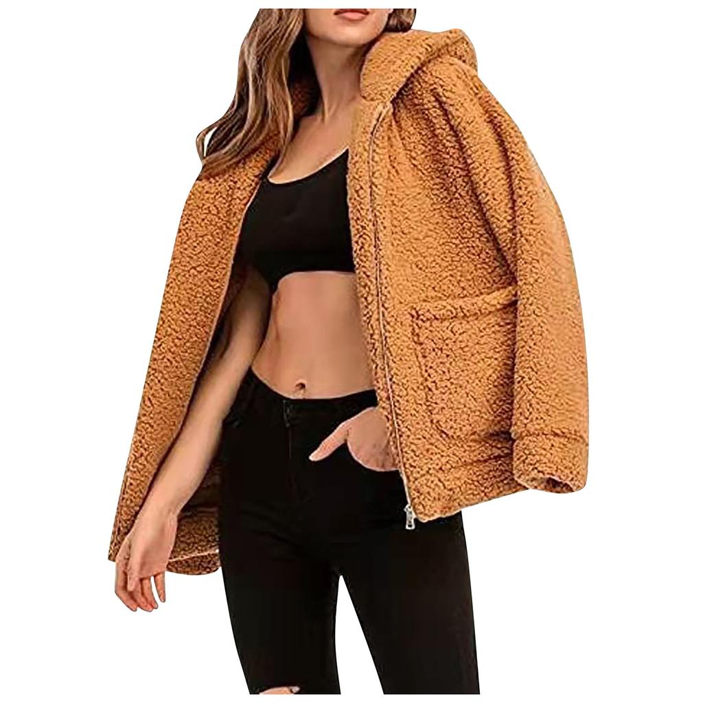 Fashion Casual Ladies Hooded Sweater Plush Pocket Top Solid Color Coat