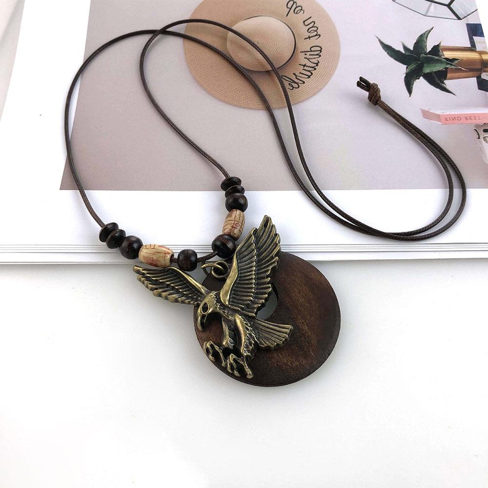 Vintage Boho Sweater Chain Leather Chain Long Wooden Pendant Necklace Handmade Hollow Leaves Clothing Pendant for Women Men