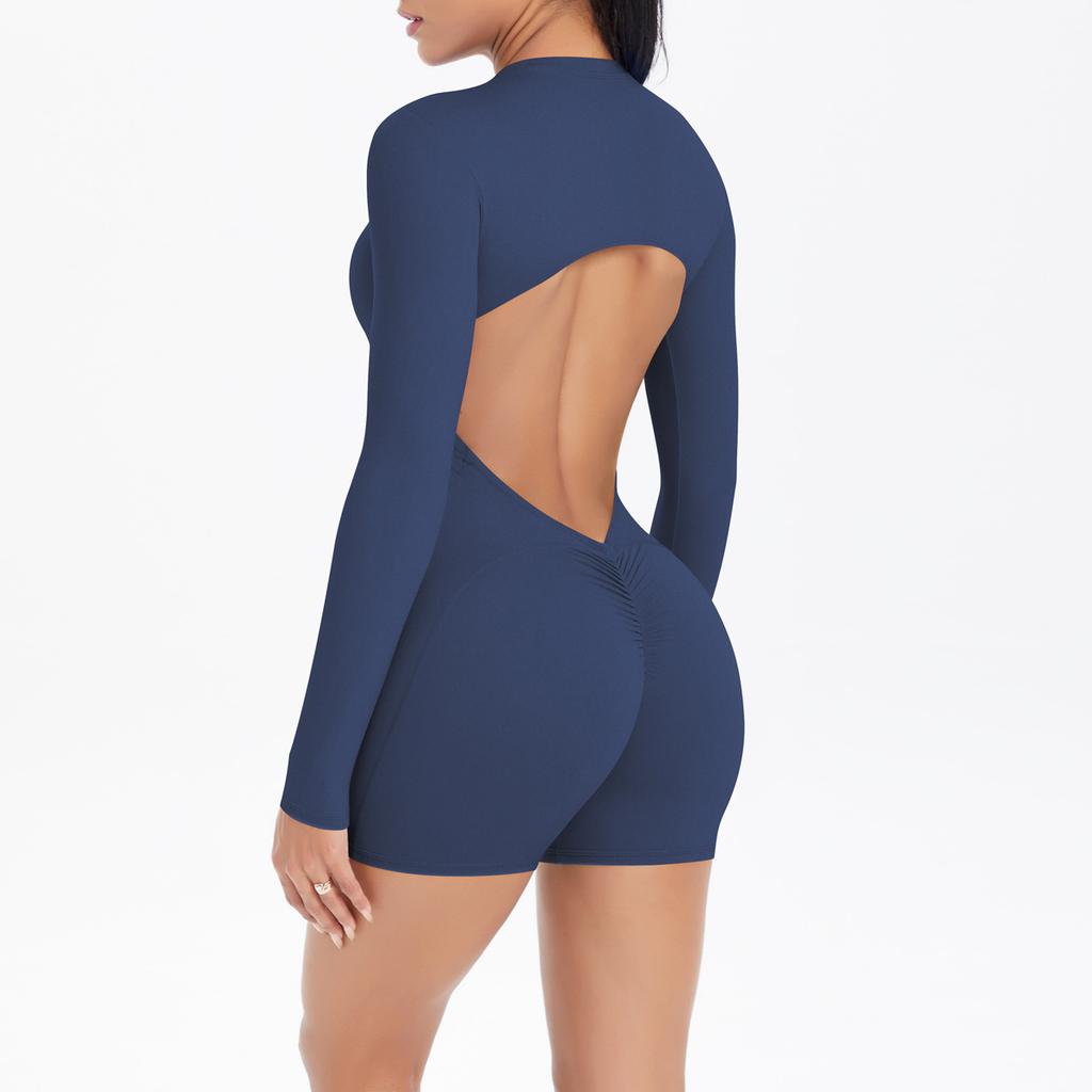 Hollow Out Back Half Zip Jumpsuit With Peach Lifting Buttocks For Sports And Fitness, Naked Sensation, Quick Drying Jumpsuit Yoga Suit For Women