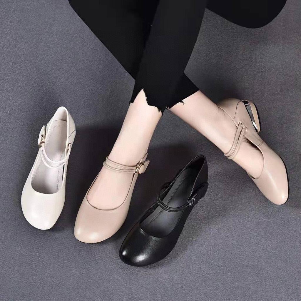 Single Shoes Women's Spring New Candy Color Comfortable Flats Round Head Buckle Doll Shoes Cowhide Women's Shoes