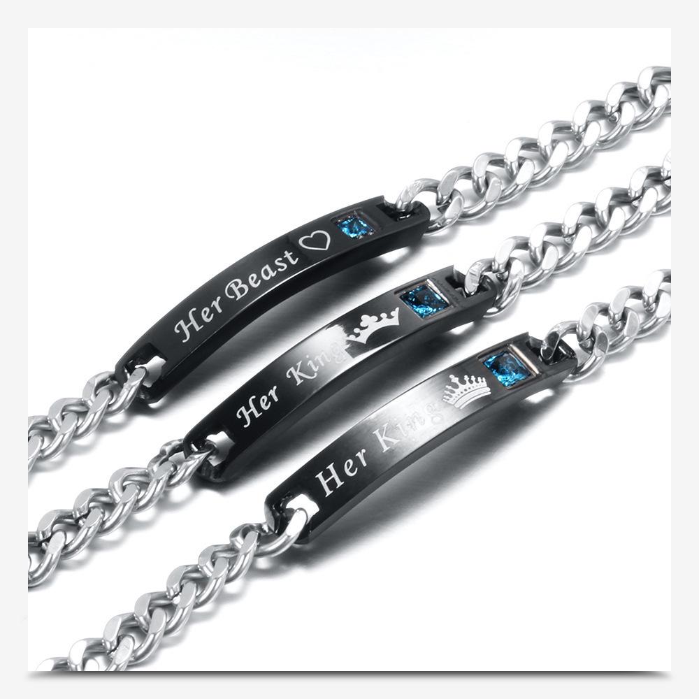 His Queen, Her King Stainless Steel Couple Bracelet with Diamond Inlay