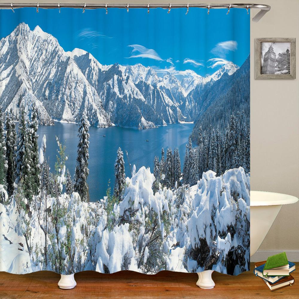 Natural Landscape Shower Curtains Bathroom Curtain Snow Scene Cedar Waterproof Polyester Bath Curtain Home Decorationwith Hooks