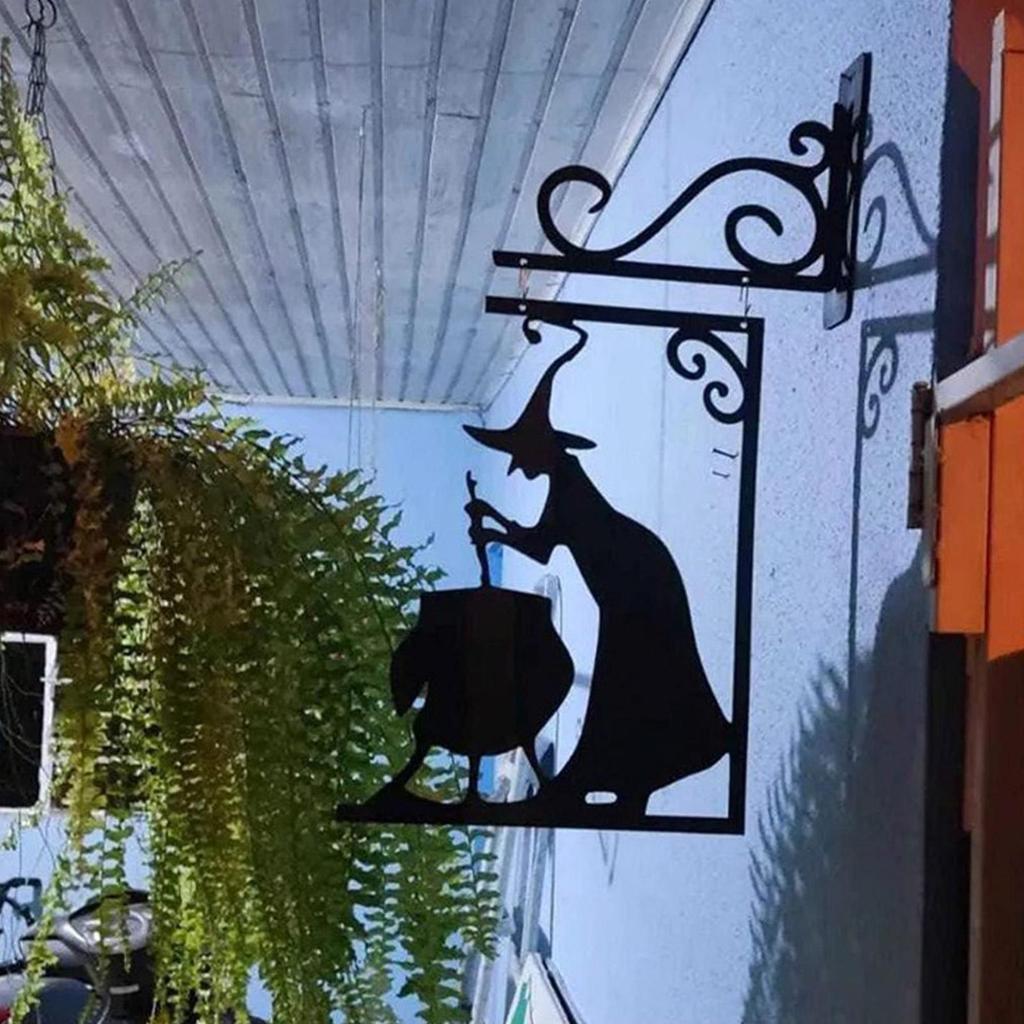 Witch Silhouette Yard Halloween Witch Boiler Metal Pendants Hangable Sculptures Ornament Signs For Party Supplies Kitchen