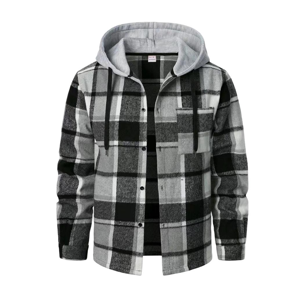 Men's Hooded Plaid Shirt Casual Loose Fit Jacket for Fall and Winter