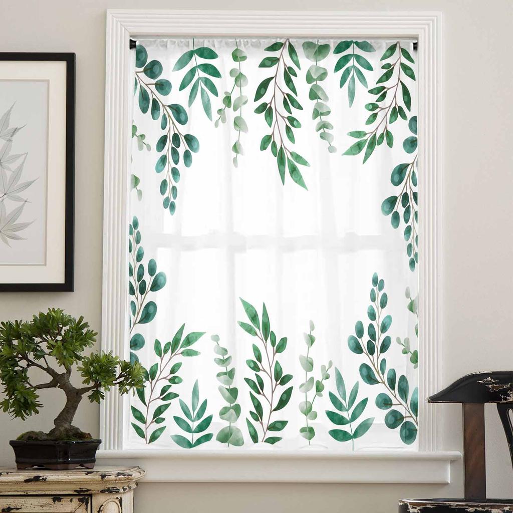 Plant Dark Green Tea Green Leaves Watercolor Rural Sheer Curtains for Kids Living Room Voile Window Curtains Tulle Drapes