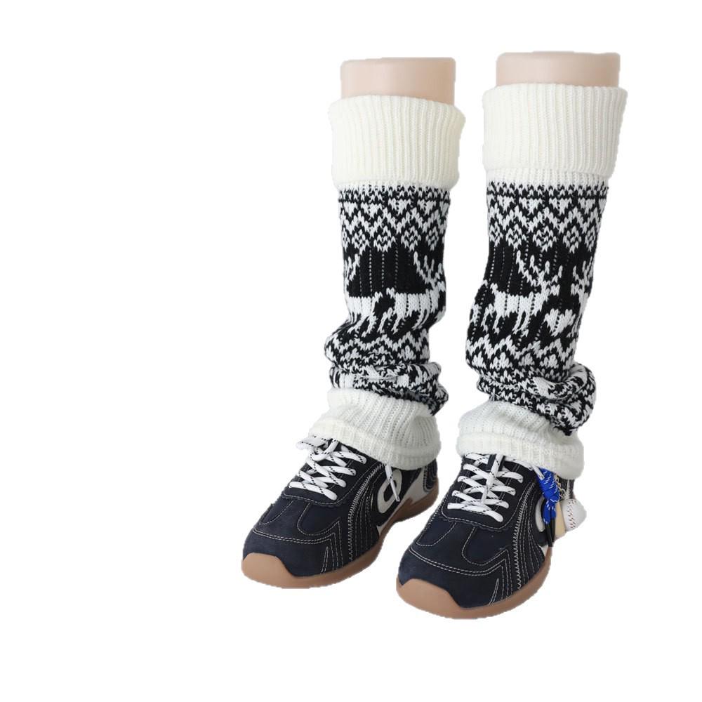 Fair Isle Vintage Knit Reindeer Leg Warmers - Grey, Cream, & White Women's Calf Socks