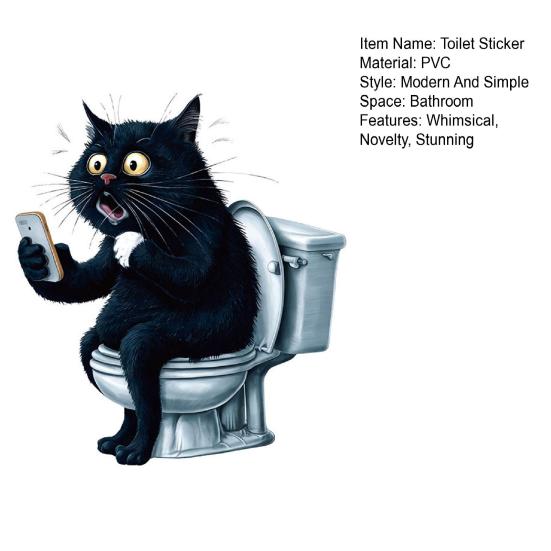 Cat Toilet Stickers Waterproof Toilet Tank Lid Decals Cartoon Black Cat Toilet Seat Cover Sticker for Bathroom Restroom Door Wall Decor