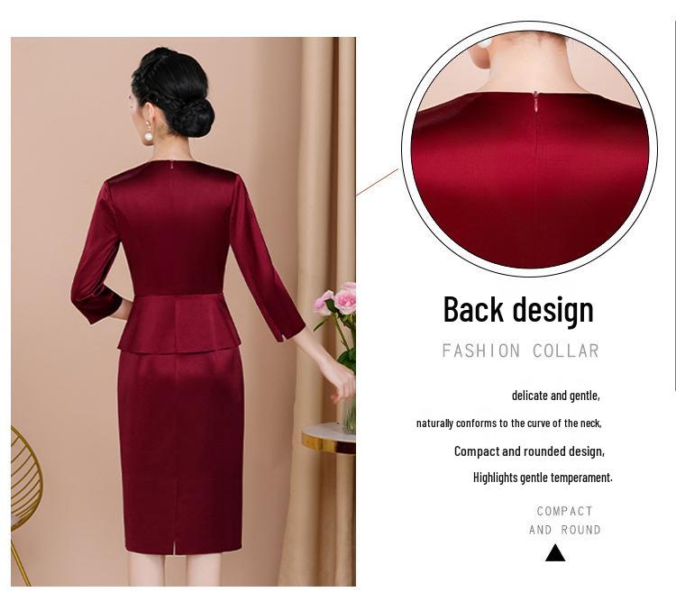 2025 Autumn Elegant V-neck Slimming Dress for Young Mothers - Wine Red Acetate Skirt