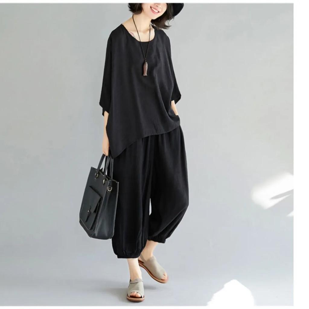 Women's Summer Casual Suit Short-sleeved Round Neck T-shirt + Loose Pants Solid Color Two-piece Set