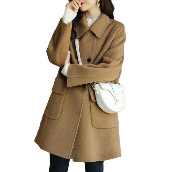 Women Autumn Winter Solid Color Woolen Coat Lapel Double Breasted Flap Pockets Mid-length Loose Fit Thickened Warm Overcoat Streetwear