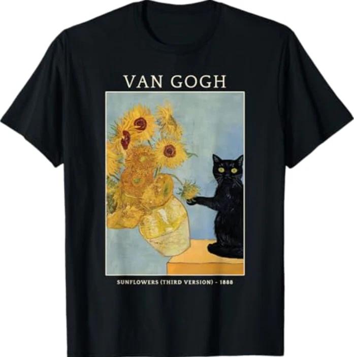 Funny Cat & Sunflowers Van Gogh Art Parody Vintage T- Shirt M
