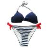 Women's Two Piece Bikini Set Striped Bottom with Tie Side Halter Neck Top Twist Front Backless Swimwear Beachwear