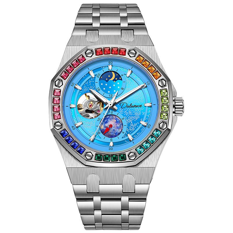 Durenwei Herren Wasserdicht Leuchtend Regenbogensterne Edelstahl Mechanische Uhr