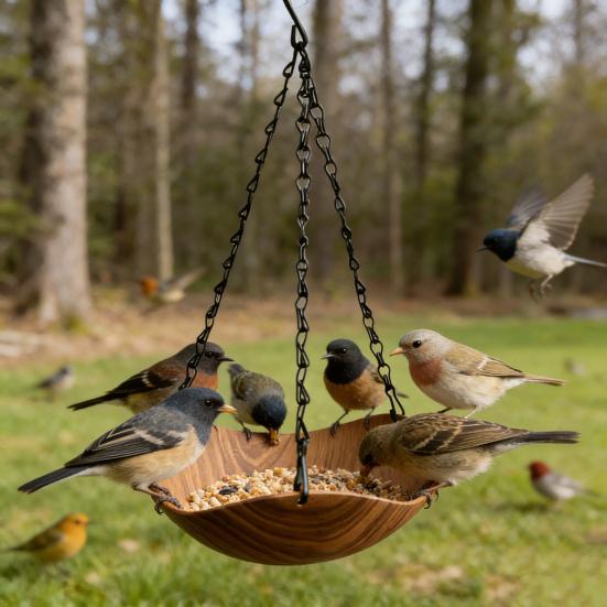 Hanging Bird Bath Wooden Bird Feeder with Chain Outdoor Bird Water Bowl Feeding Tray for Garden Outside Hummingbirds Drinking Bathing