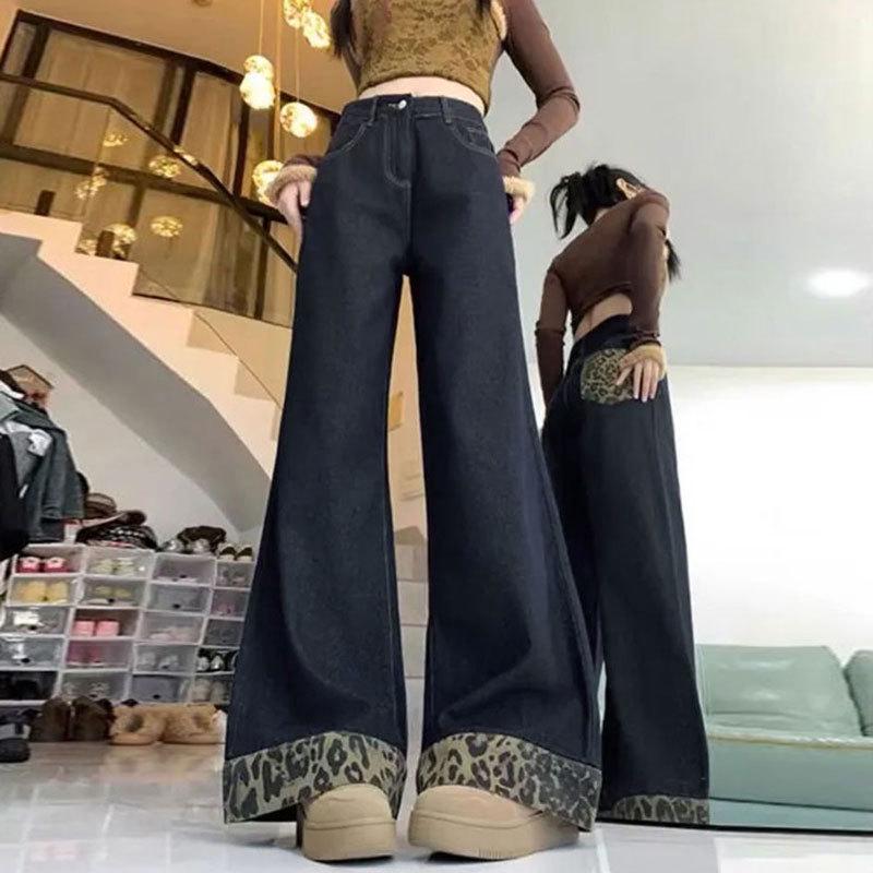 Women's Plus Size Black Leopard Print Patchwork Denim Jeans - Rolled Hem Loose Wide Leg Pants for Summer