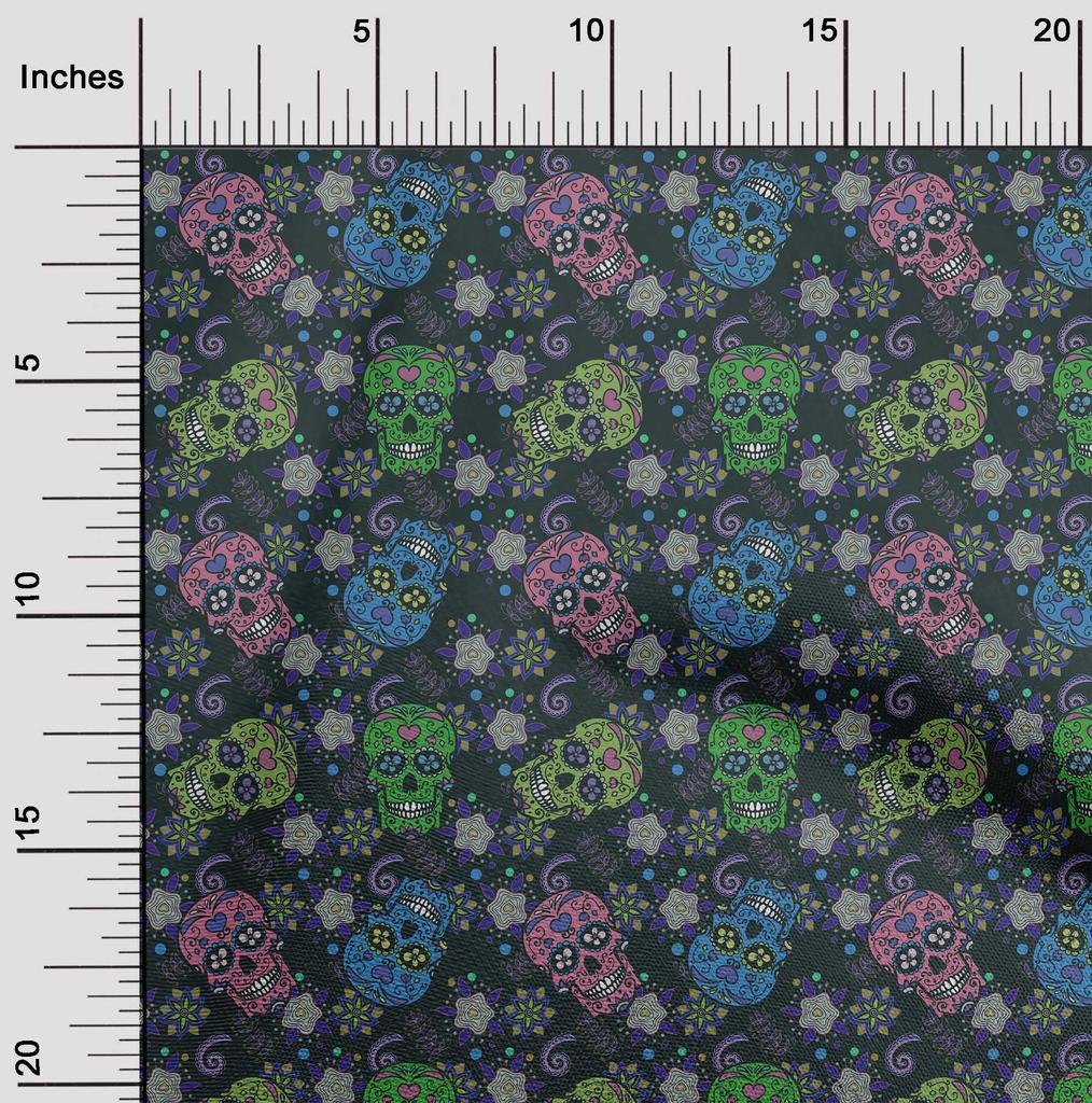 oneOone Cotton Flex Dark Green Fabric Skull Craft Projects Decor Fabric Printed By The Yard 40 Inch
