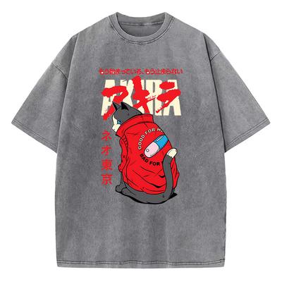 T-Shirt Vintage Gewaschene Baumwolle T-Shirt Japanischer Anime Akira Tokio Katze Grafik T-Shirt Lässige Streetwear Frühling Sommer